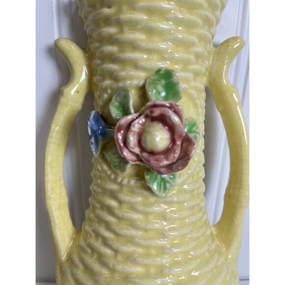 Vintage Japanese Basketweave Yellow Wall‎ Pocket with Pink/Blue Flowers. - Picture 2 of 8